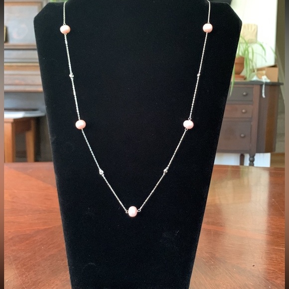 Genuine Pink Pearl, CZ, Sterling Silver Necklace - Picture 3 of 9